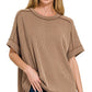 8451 Textured Line Short Cuff Sleeve Raw Edge Top