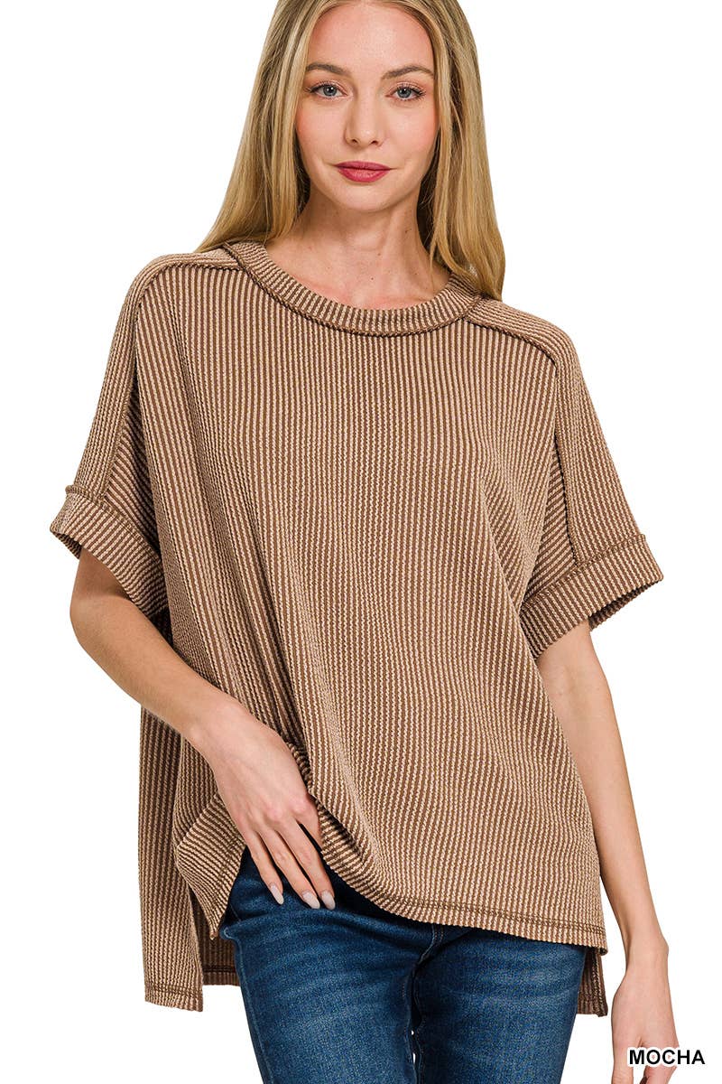 8451 Textured Line Short Cuff Sleeve Raw Edge Top