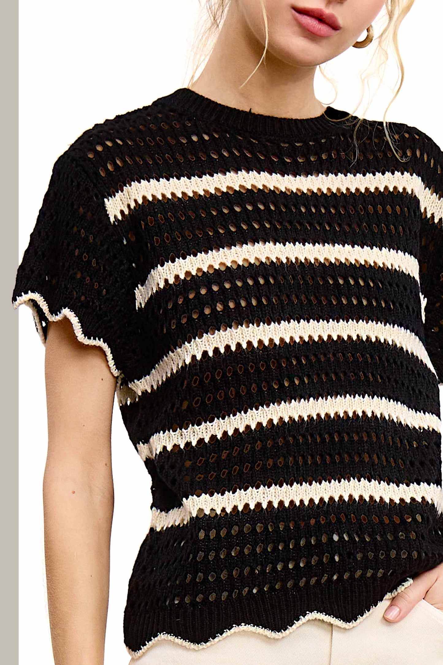 Outerwear Round Neck Scalloped Edge Short Sleeve Sweater MDS3603