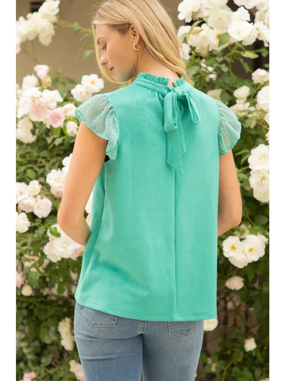 Shirts Women’s Short Sleeve Burnout Ruffle Sleeve Suede 32112-3