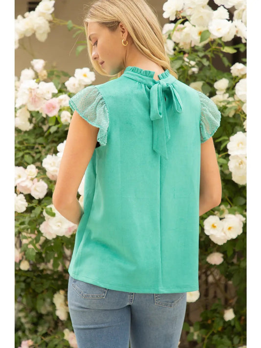 Shirts Women’s Short Sleeve Burnout Ruffle Sleeve Suede 32112-3