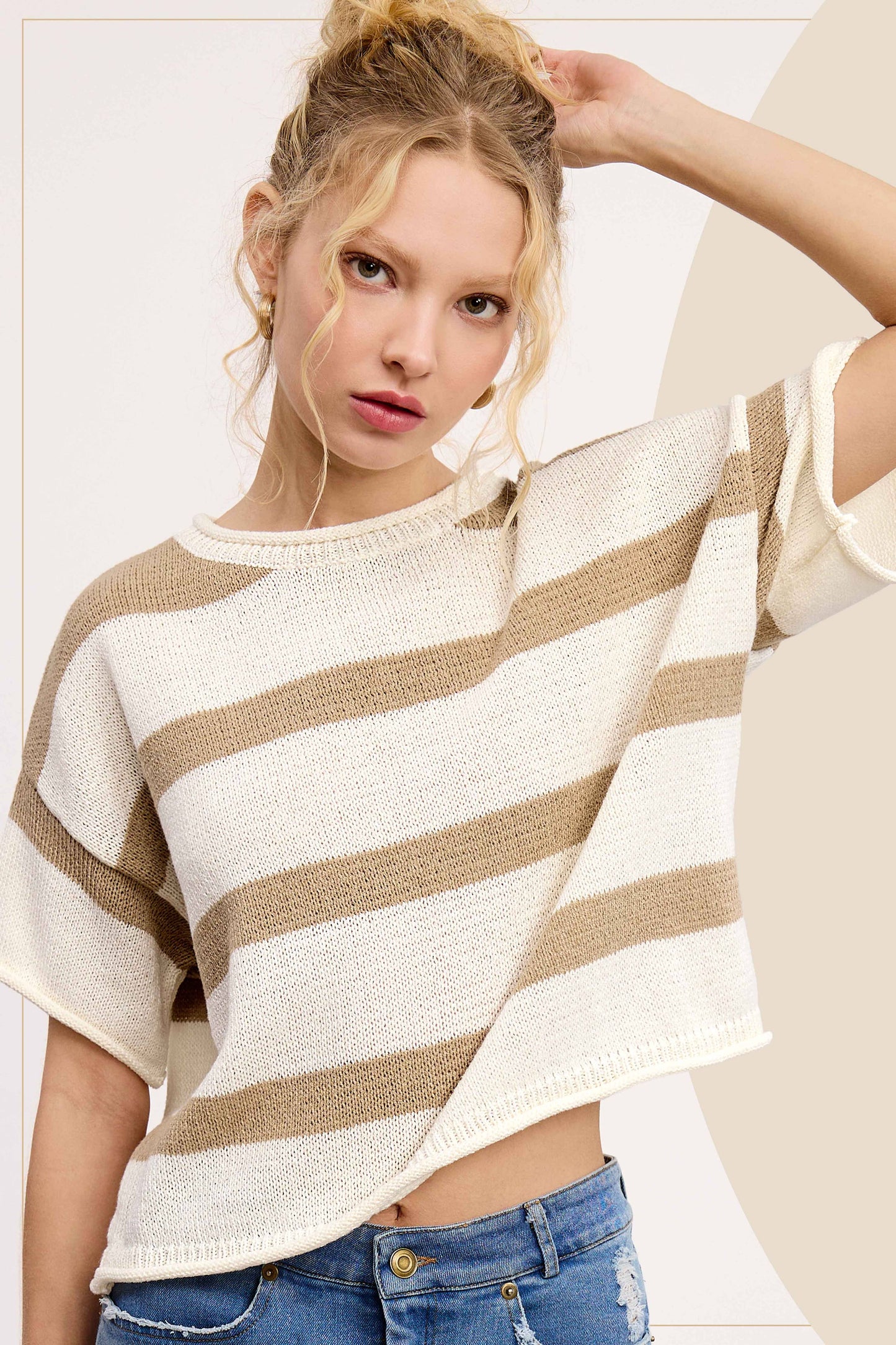 MCS3579-Boxy Silhouette Stripe Lightweight Sweater Top Outerwear Women’s