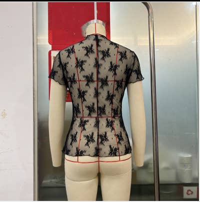 TO1401 Sheer Mesh Lace Short Sleeve Top