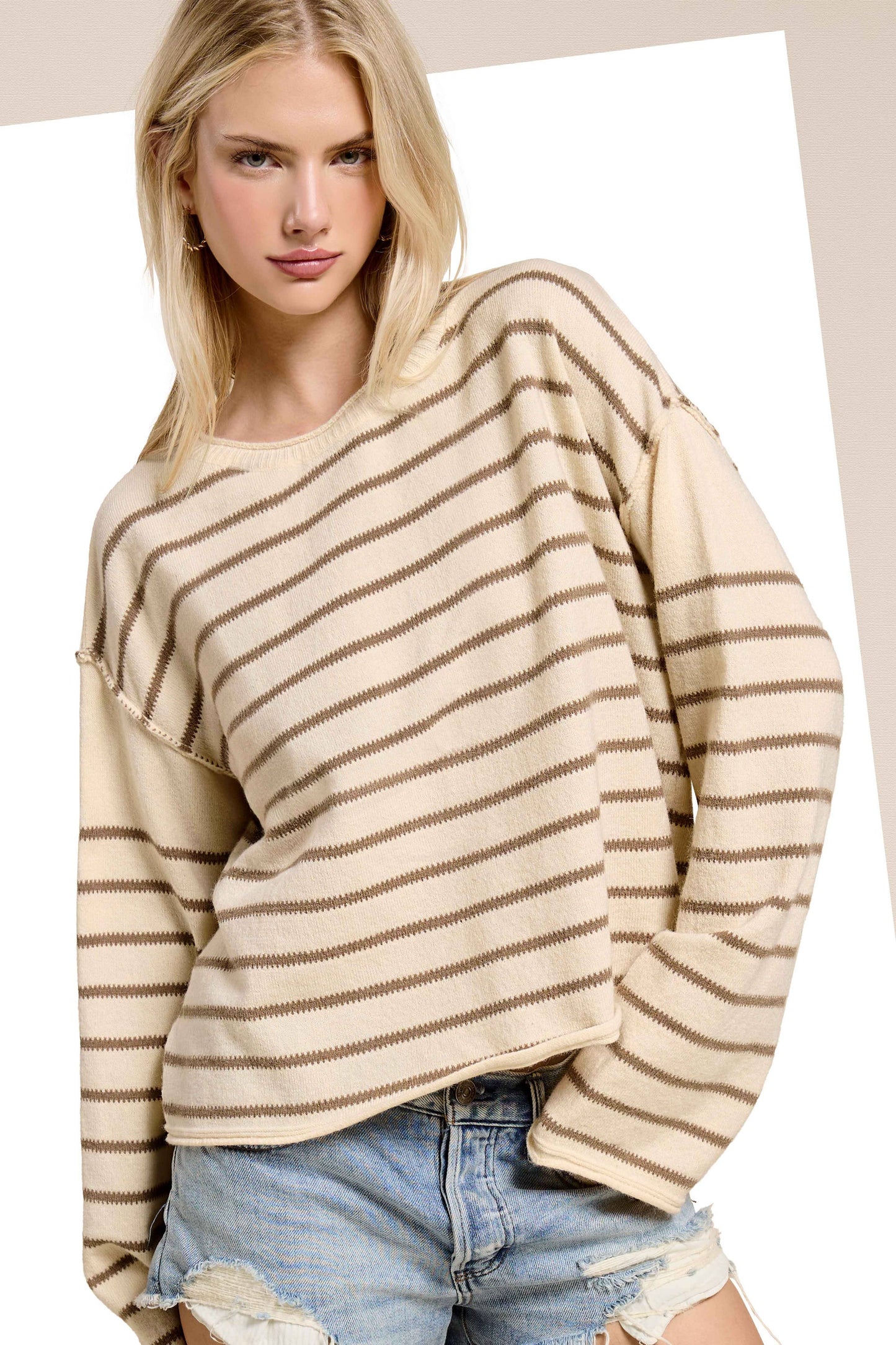 MCS3588-Striped Round Neck Loose Fit Long Sleeve Sweater
