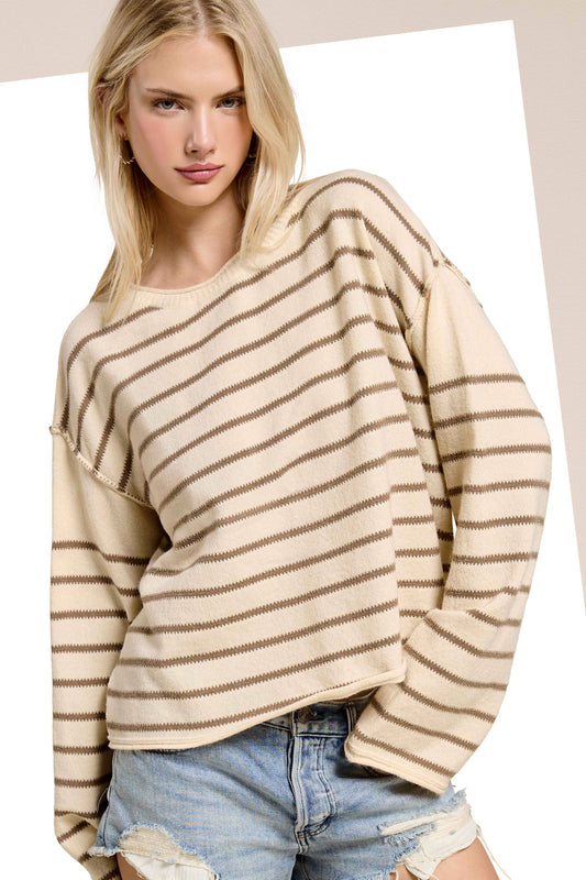MCS3588-Striped Round Neck Loose Fit Long Sleeve Sweater