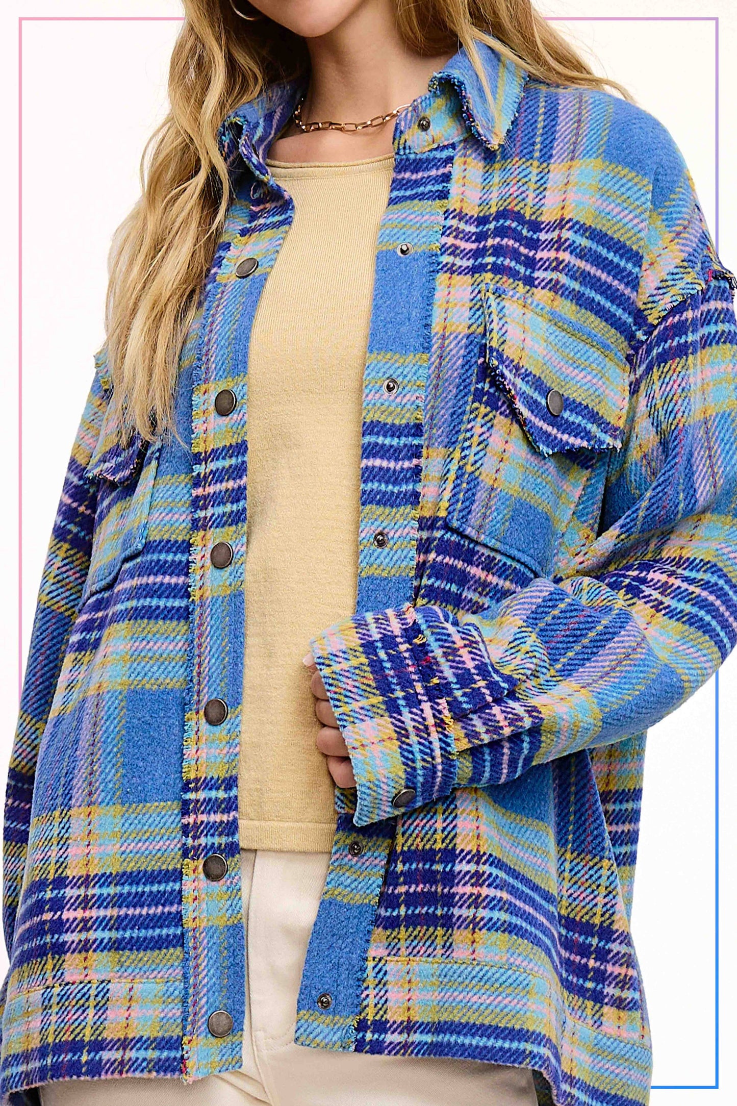 Outerwear Loose Fit Plaid Button Down Shacket with  Pockets JKT1797