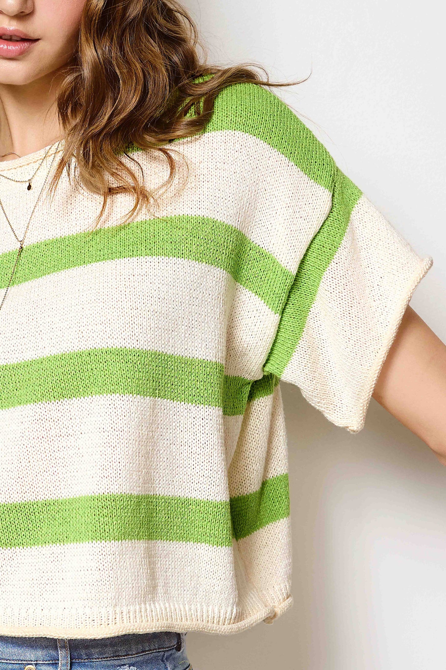 MCS3579-Boxy Silhouette Stripe Lightweight Sweater Top Outerwear Women’s