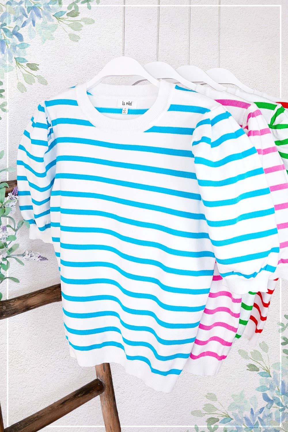 Shirts Women’s Lightweight Puff Short Sleeve Stripe Knit Top JCS3562
