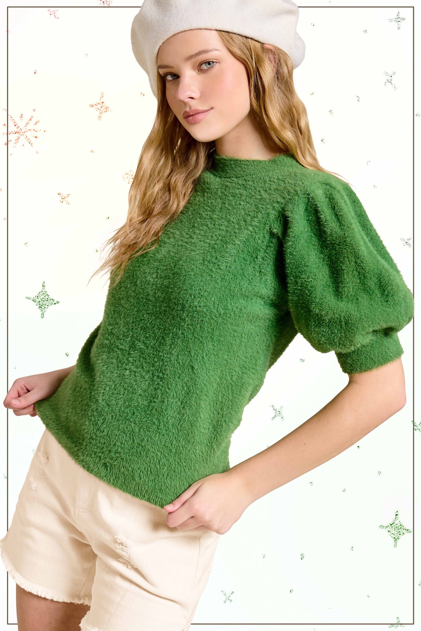 Soft Mohair Puff Short Sleeve Knit Top JCS3554