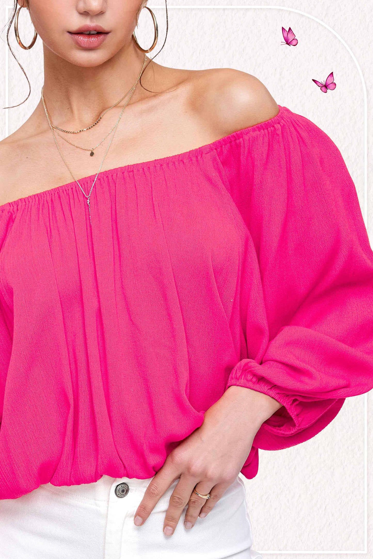 HAT7501 Breathable Fabric Off Shoulder Balloon Sleeve Top Women’s Shirts