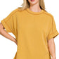 8451 Textured Line Short Cuff Sleeve Raw Edge Top