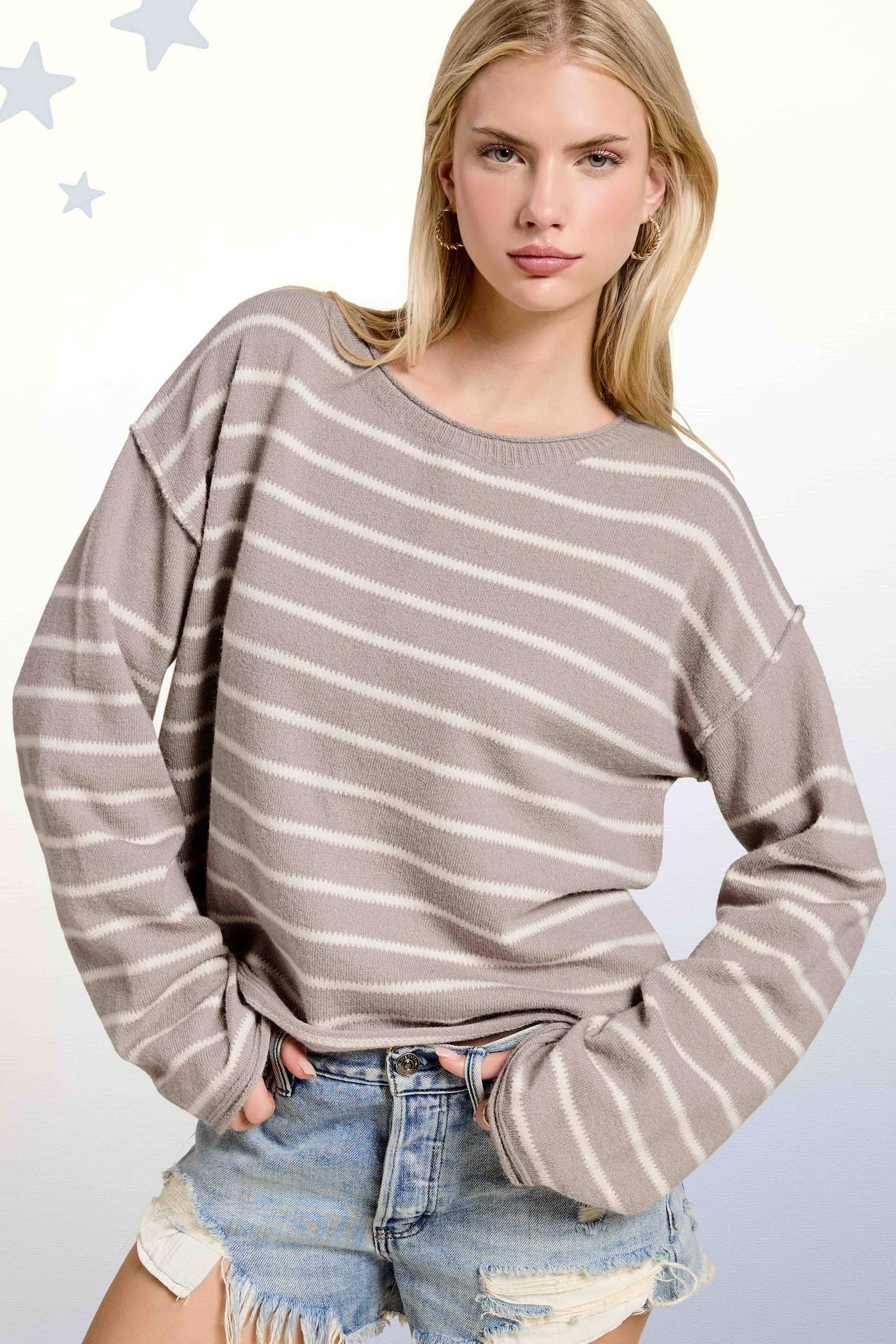 MCS3588-Striped Round Neck Loose Fit Long Sleeve Sweater