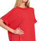 8451 Textured Line Short Cuff Sleeve Raw Edge Top
