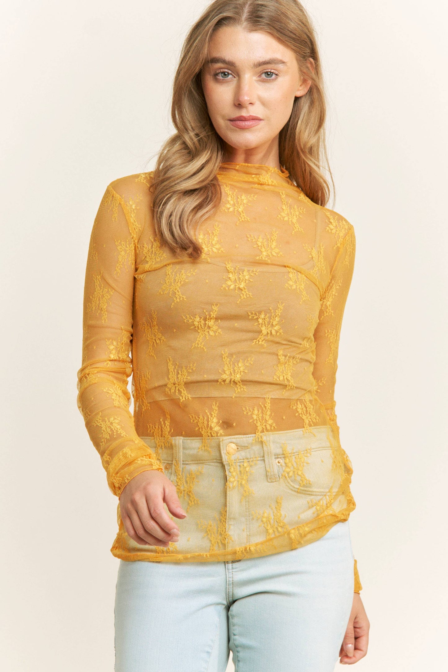 TP9602 MESH LACE HIGH NECK DESIGN LONG SLEEVE FITTED TOP