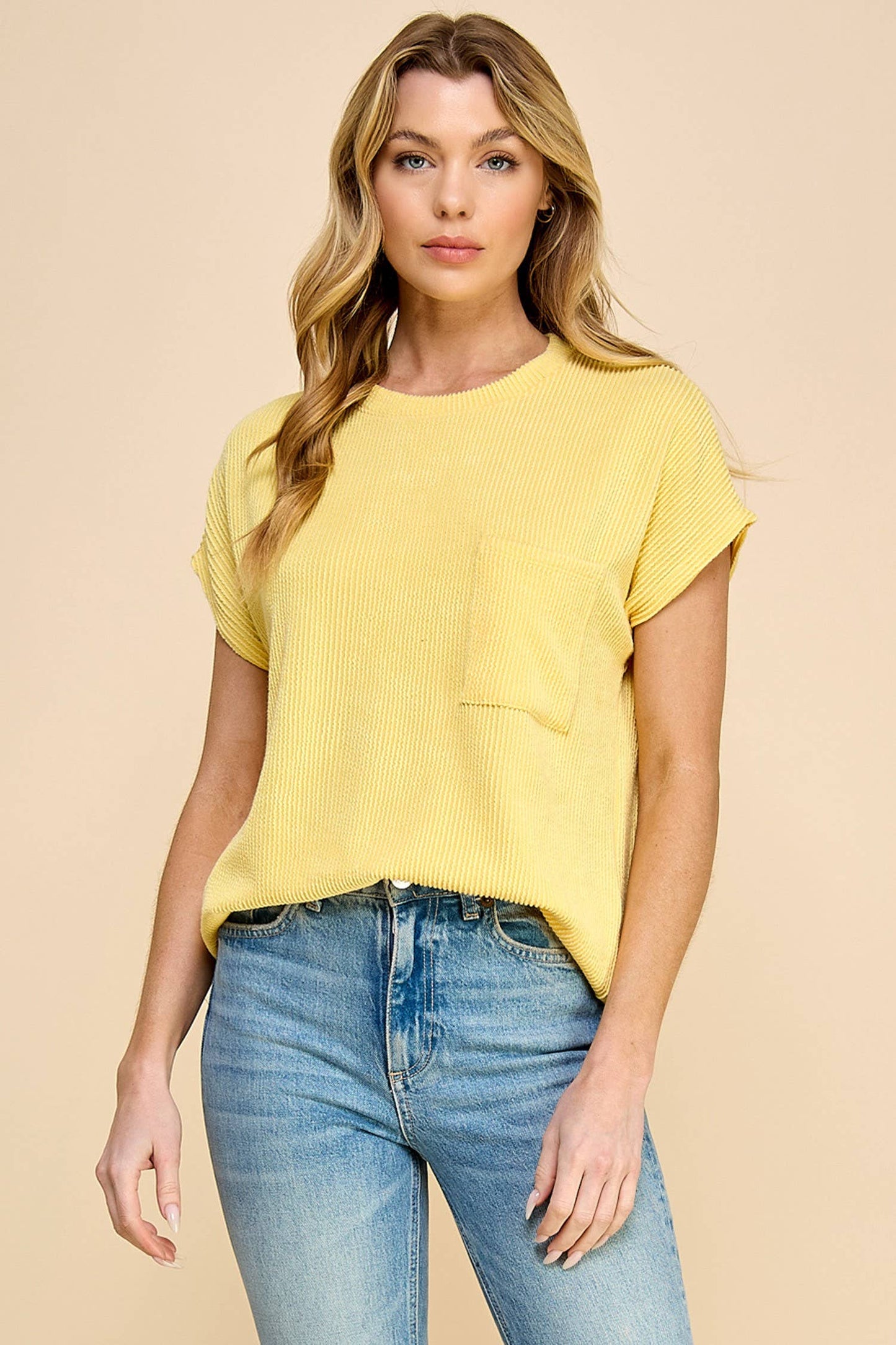 T1641 Solid Ribbed Top With Pockets L1E-T1641