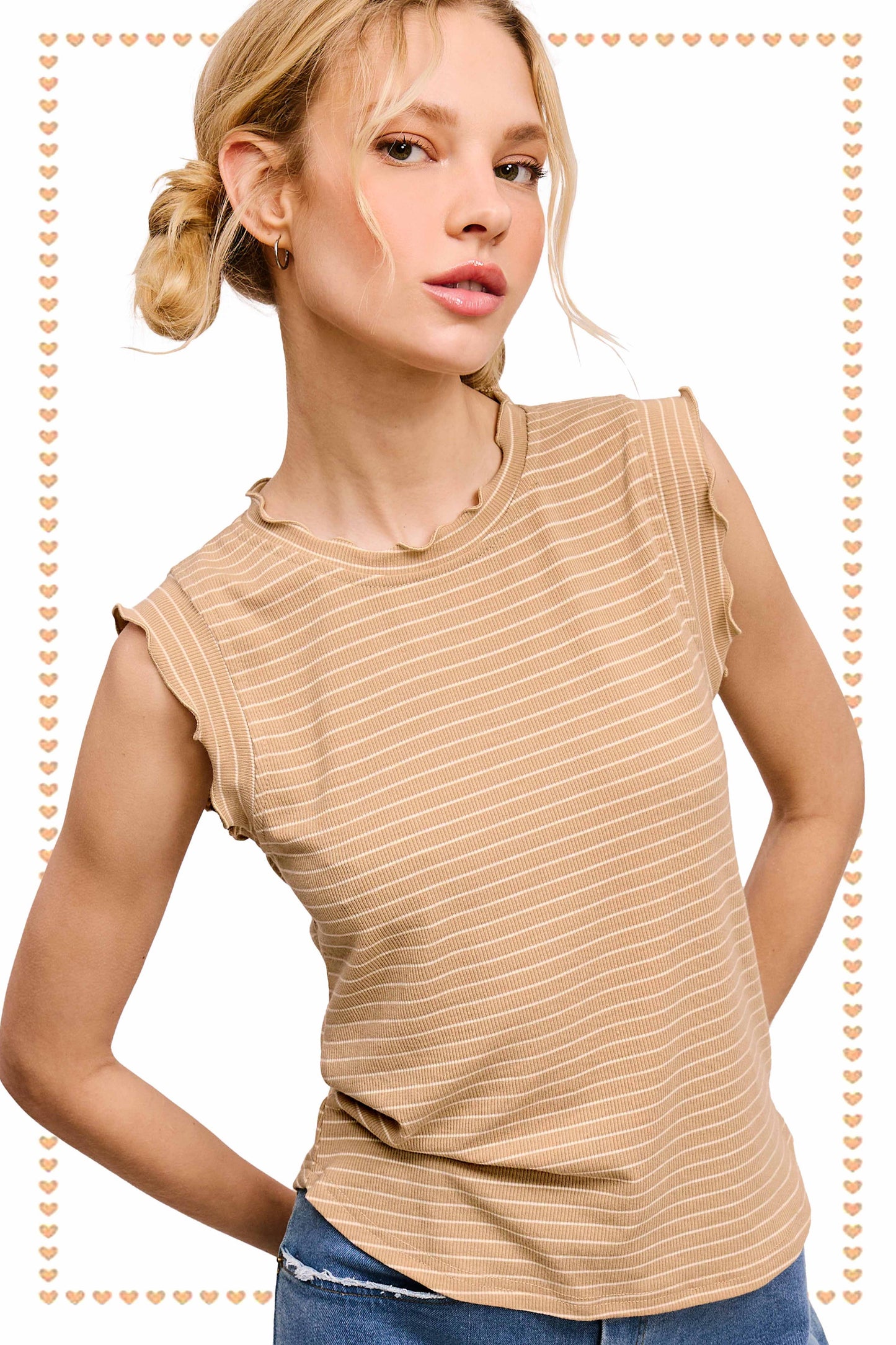 HCT7692-Stretchy Brushed Ruffle Sleeve Stripe Tank Top