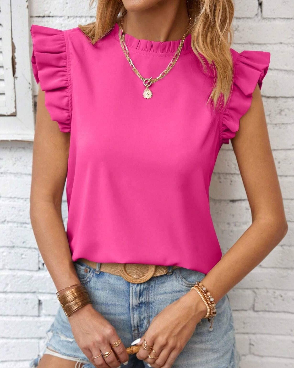 Shirts Women’s Round Neck Ruffled Sleeve RCDQ00380