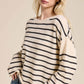MCS3588-Striped Round Neck Loose Fit Long Sleeve Sweater