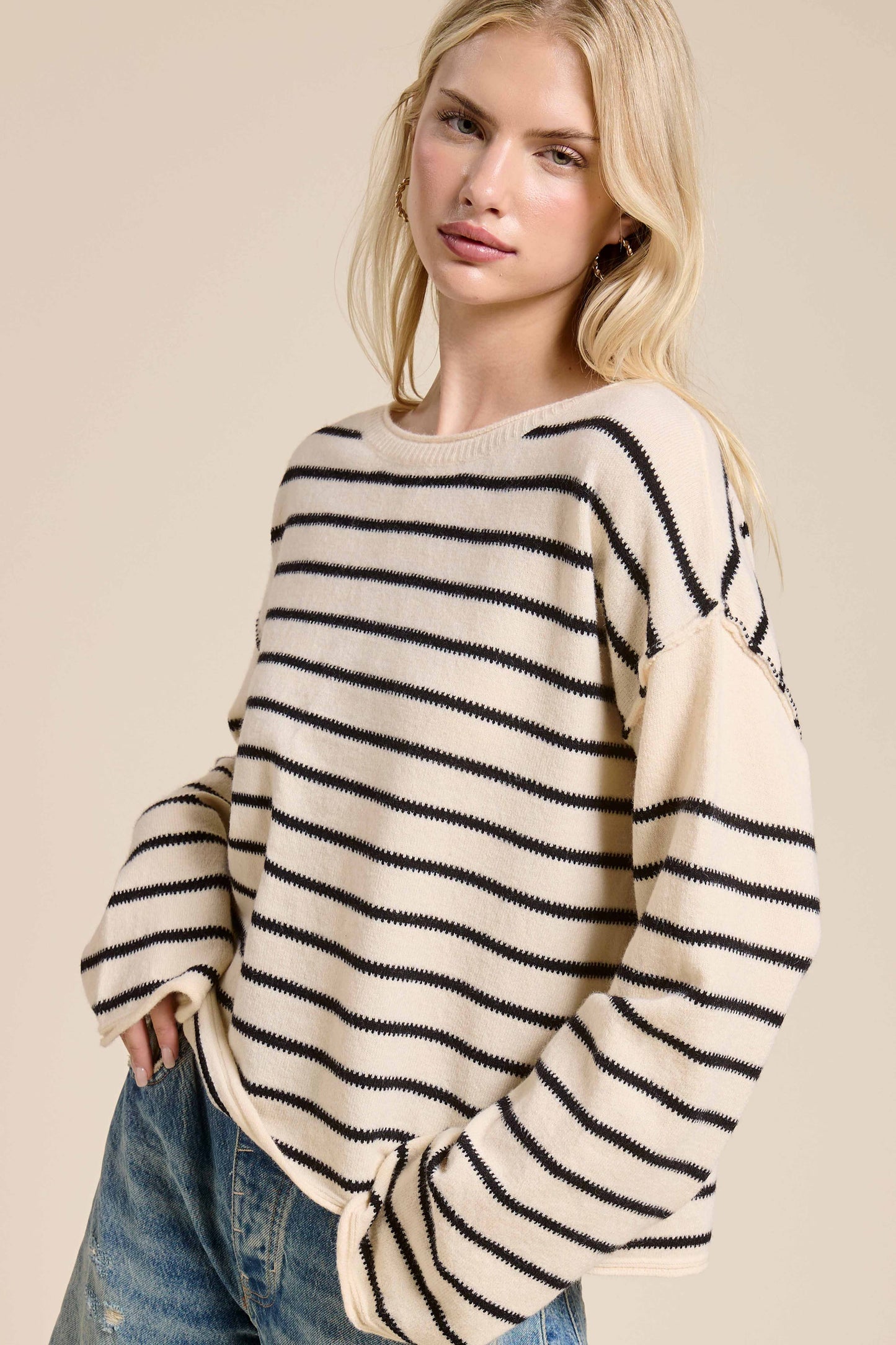 MCS3588-Striped Round Neck Loose Fit Long Sleeve Sweater