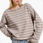 MCS3588-Striped Round Neck Loose Fit Long Sleeve Sweater