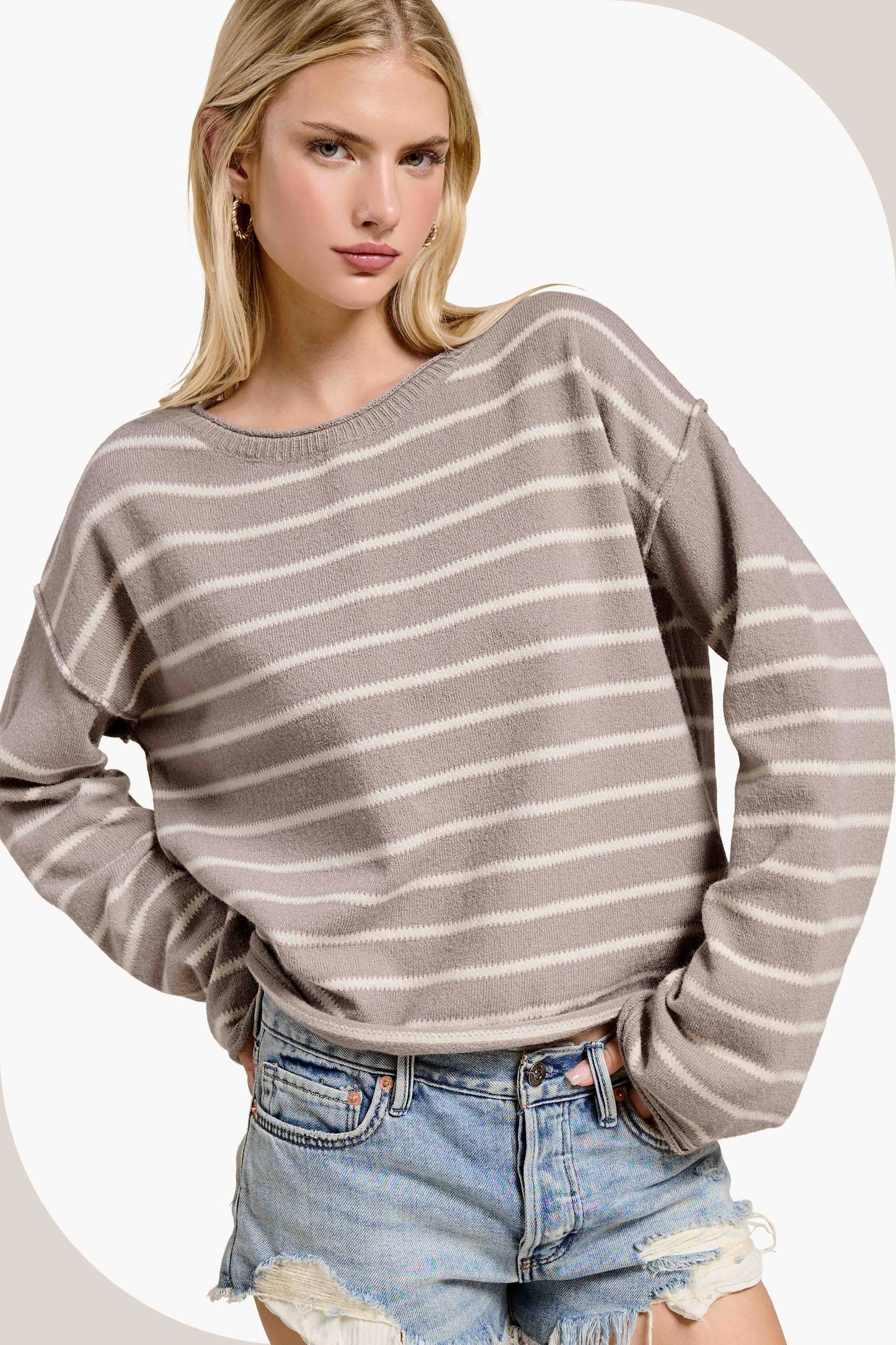 MCS3588-Striped Round Neck Loose Fit Long Sleeve Sweater