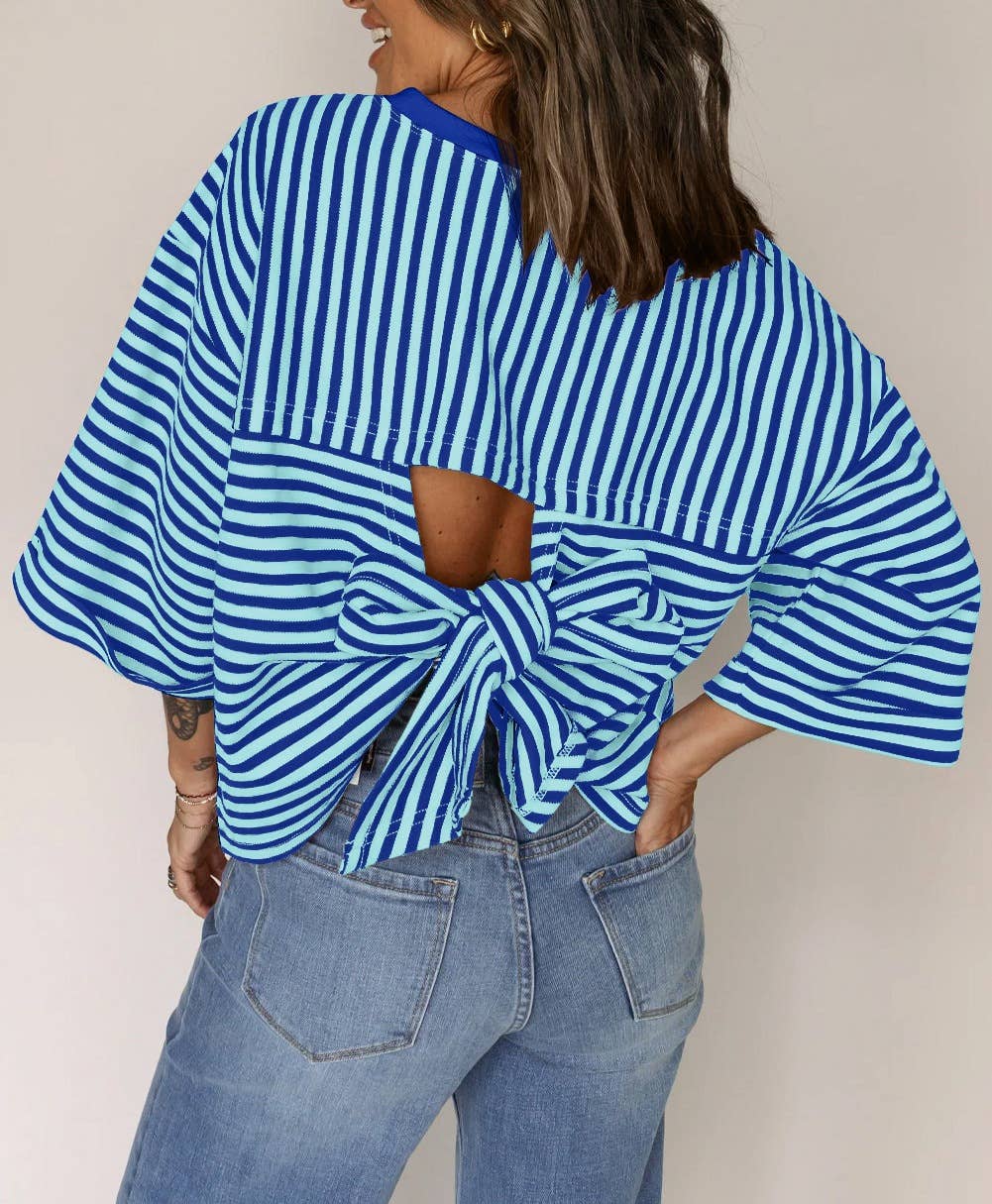 TO1843 Striped Back Tie Bow Knit Top