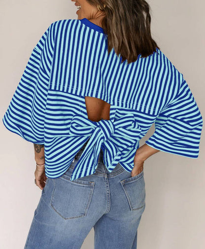 TO1843 Striped Back Tie Bow Knit Top