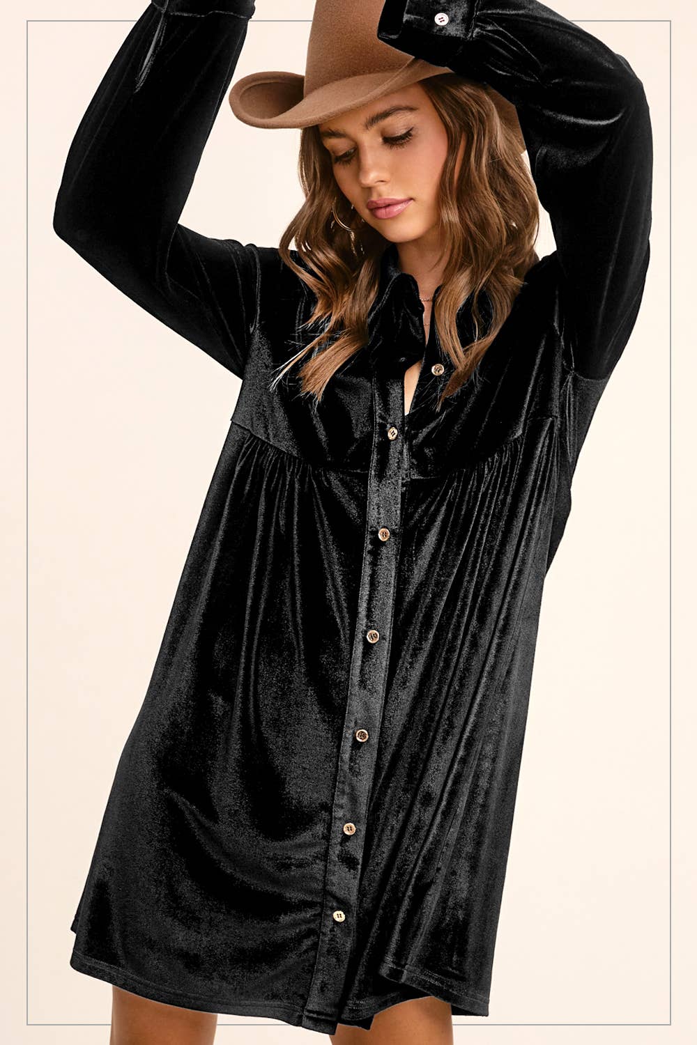 HCD9315-Soft Velvety Button Down Collar Dress