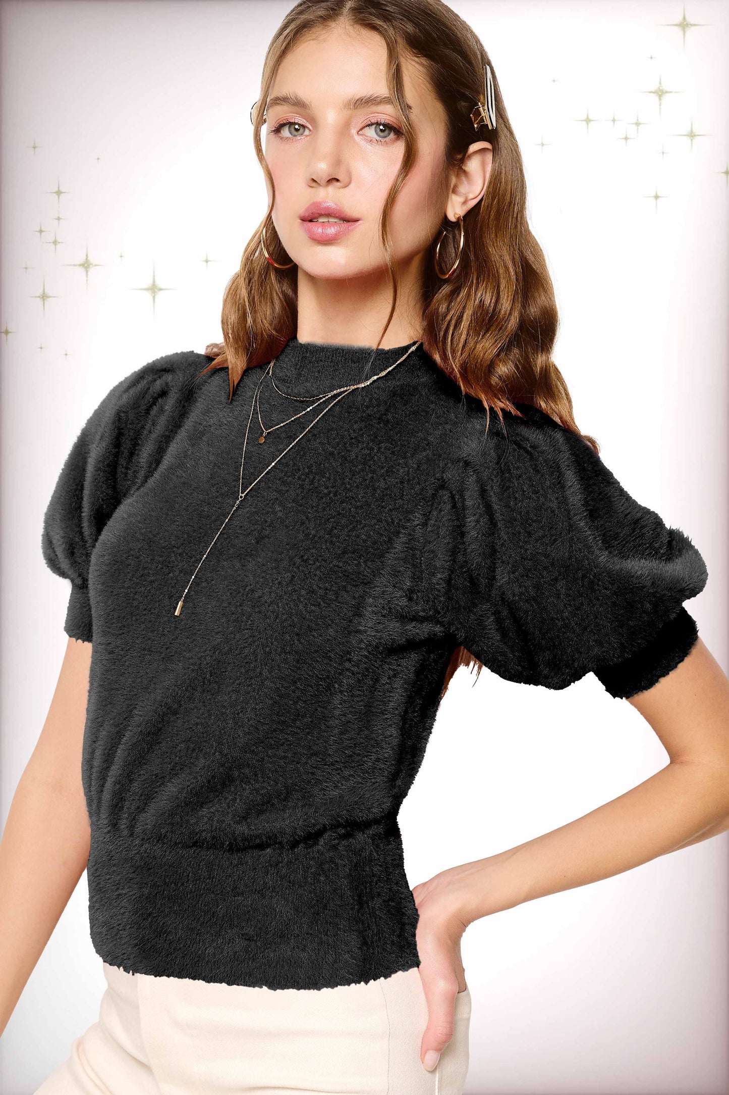 Soft Mohair Puff Short Sleeve Knit Top JCS3554