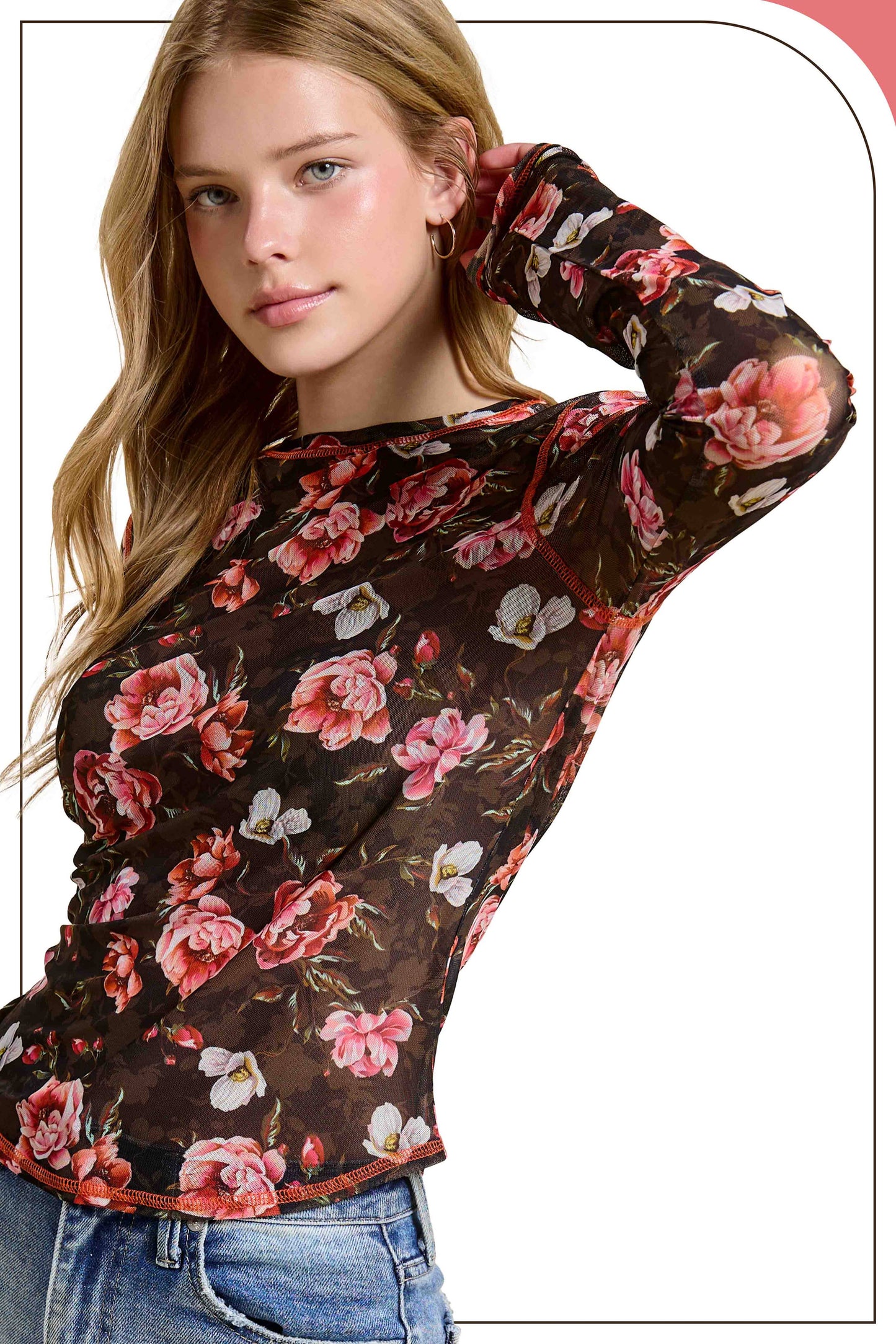 JDT7714-Semi Sheer Crew Neck Long Sleeve Mesh Layering Top
