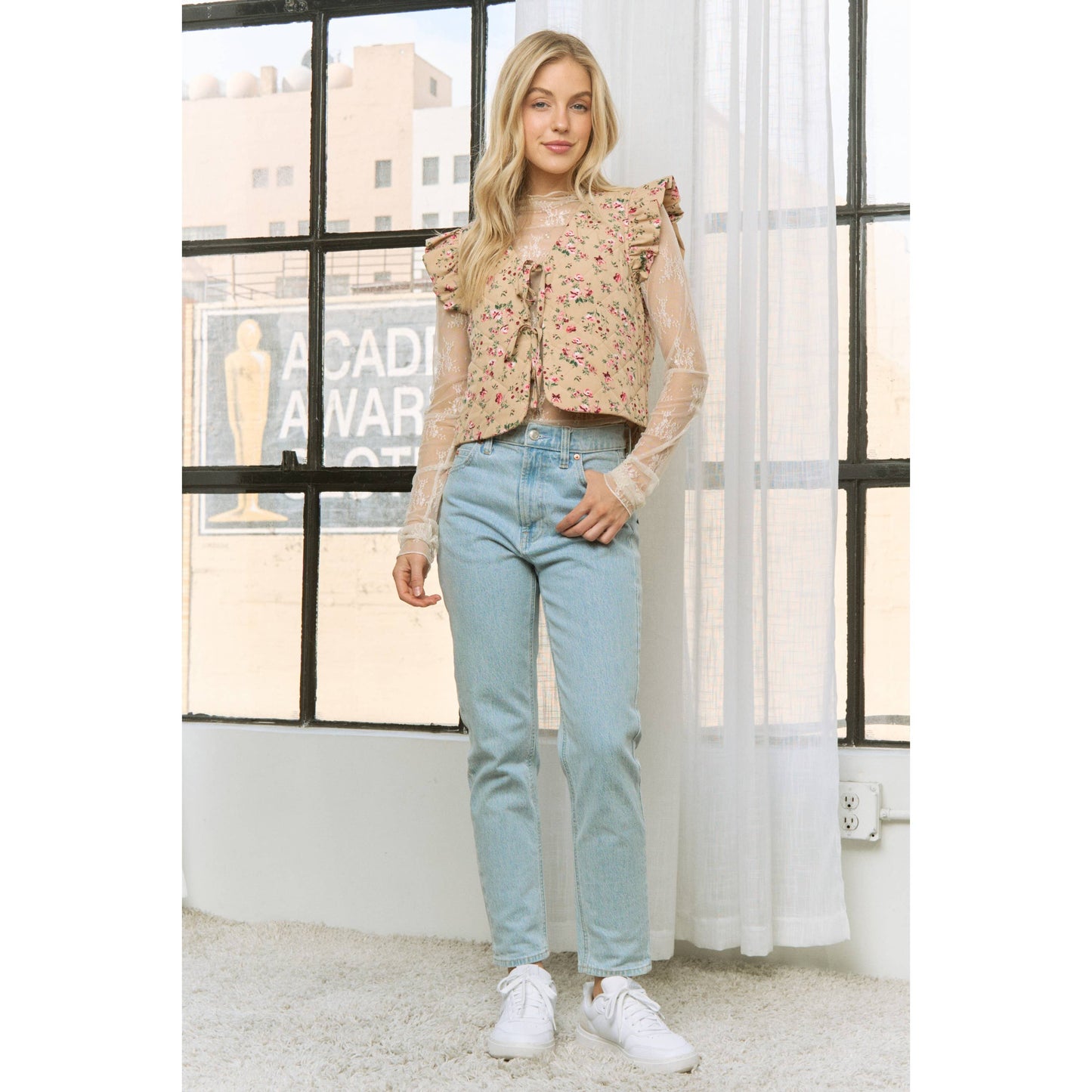 Shirts Women’s FLORAL PRINT VEST JACKET With ARMHOLE RUFFLE JK10401