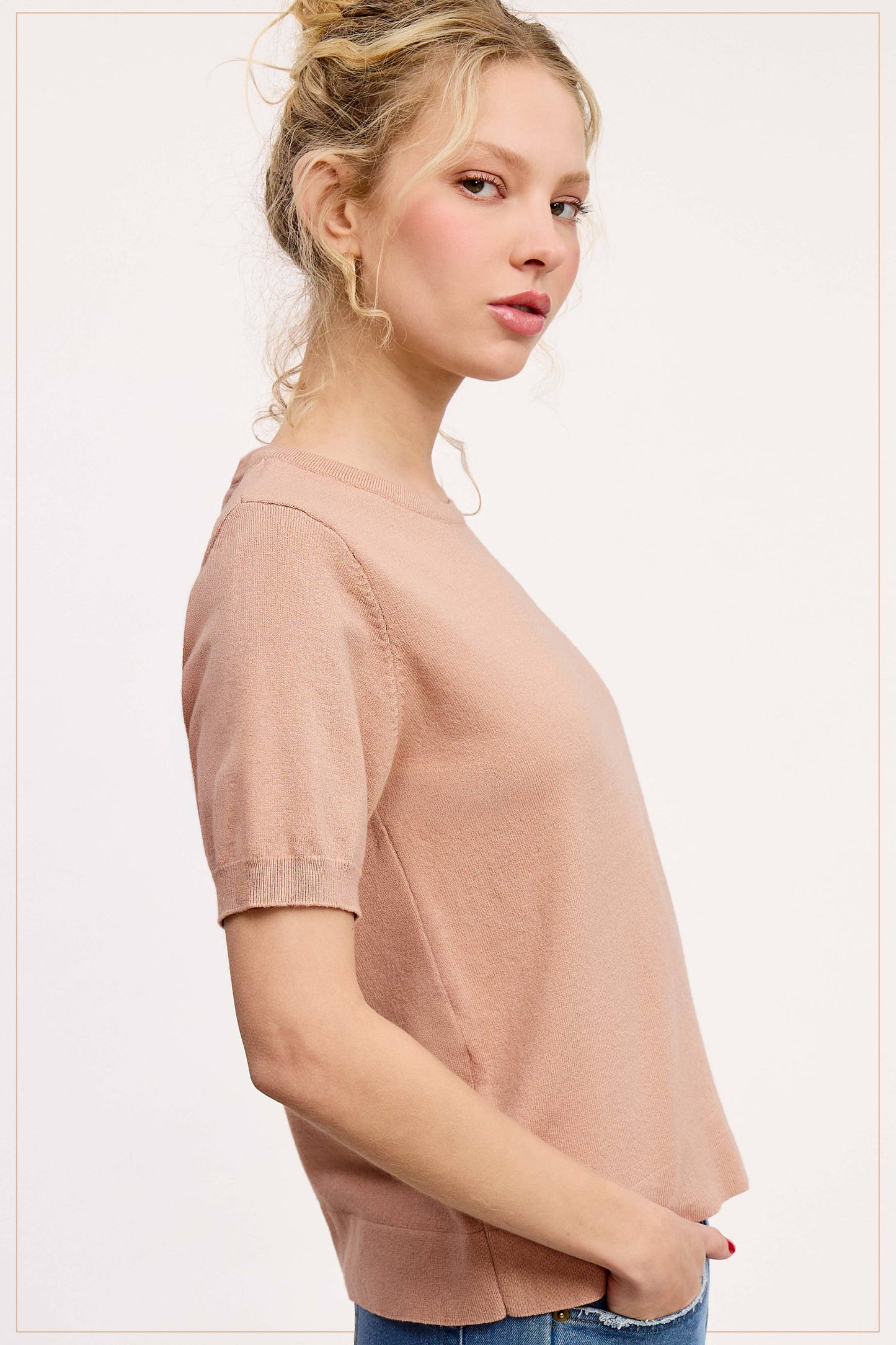 Soft Short Puffy Sleeve Basic Stretchy Knit Top MCS3600