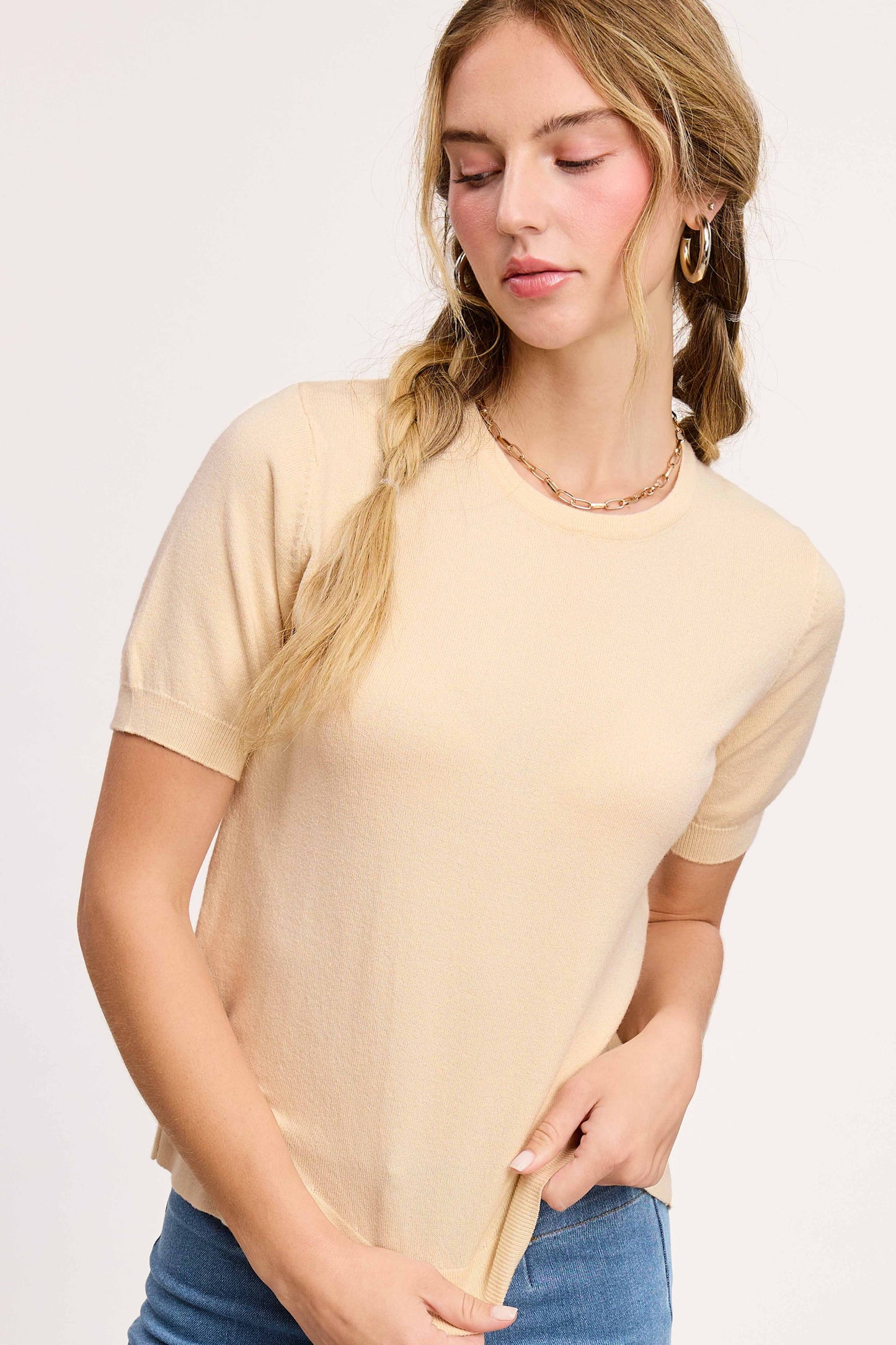 Soft Short Puffy Sleeve Basic Stretchy Knit Top MCS3600