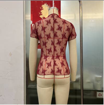 TO1401 Sheer Mesh Lace Short Sleeve Top