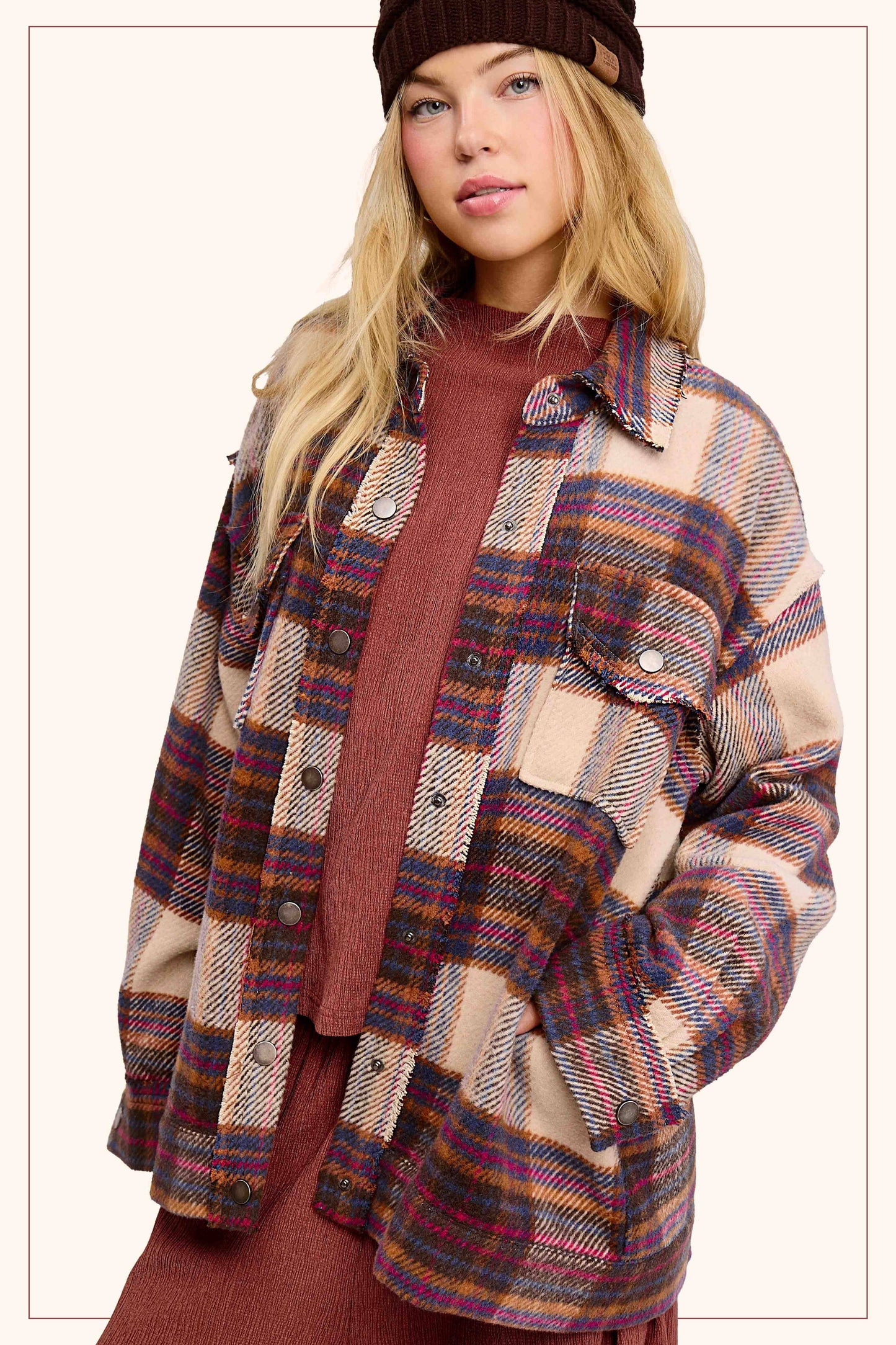 Outerwear Loose Fit Plaid Button Down Shacket with  Pockets JKT1797