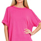 8451 Textured Line Short Cuff Sleeve Raw Edge Top