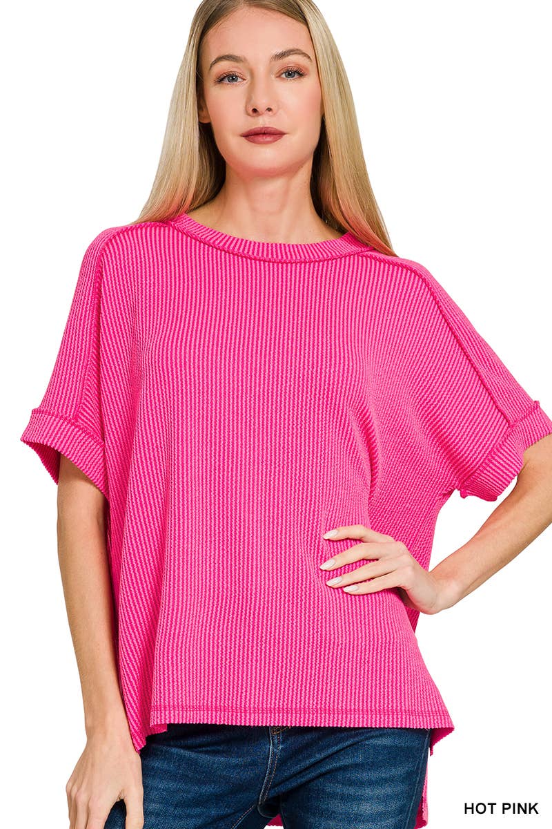 8451 Textured Line Short Cuff Sleeve Raw Edge Top