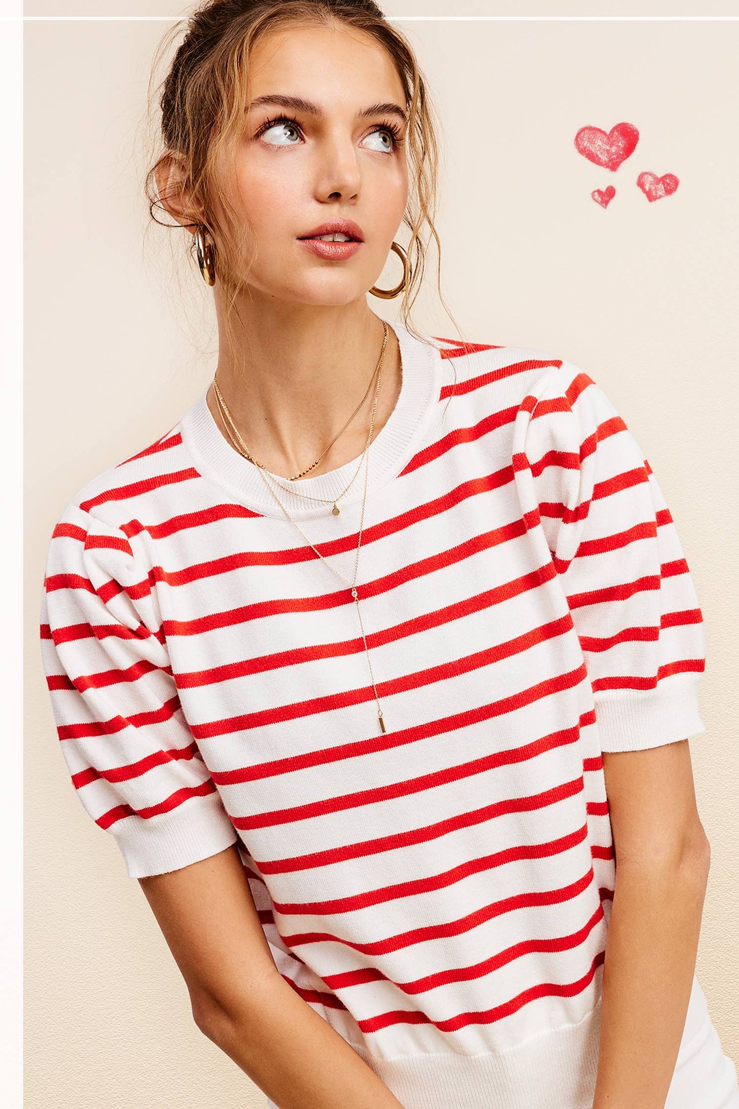 Shirts Women’s Lightweight Puff Short Sleeve Stripe Knit Top JCS3562