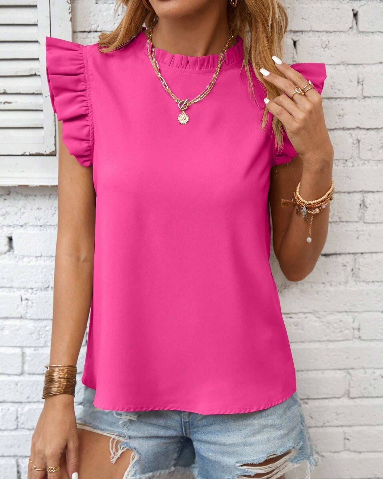 Shirts Women’s Round Neck Ruffled Sleeve RCDQ00380