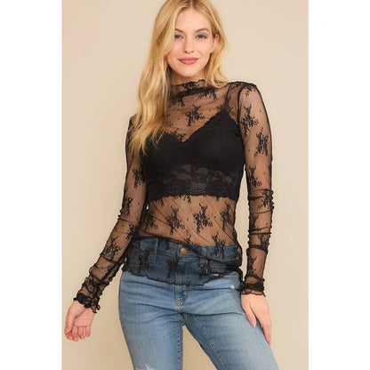 TP9602 MESH LACE HIGH NECK DESIGN LONG SLEEVE FITTED TOP