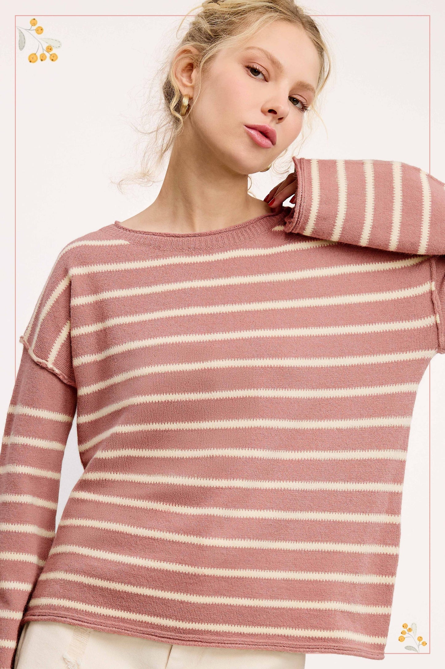 MCS3588-Striped Round Neck Loose Fit Long Sleeve Sweater
