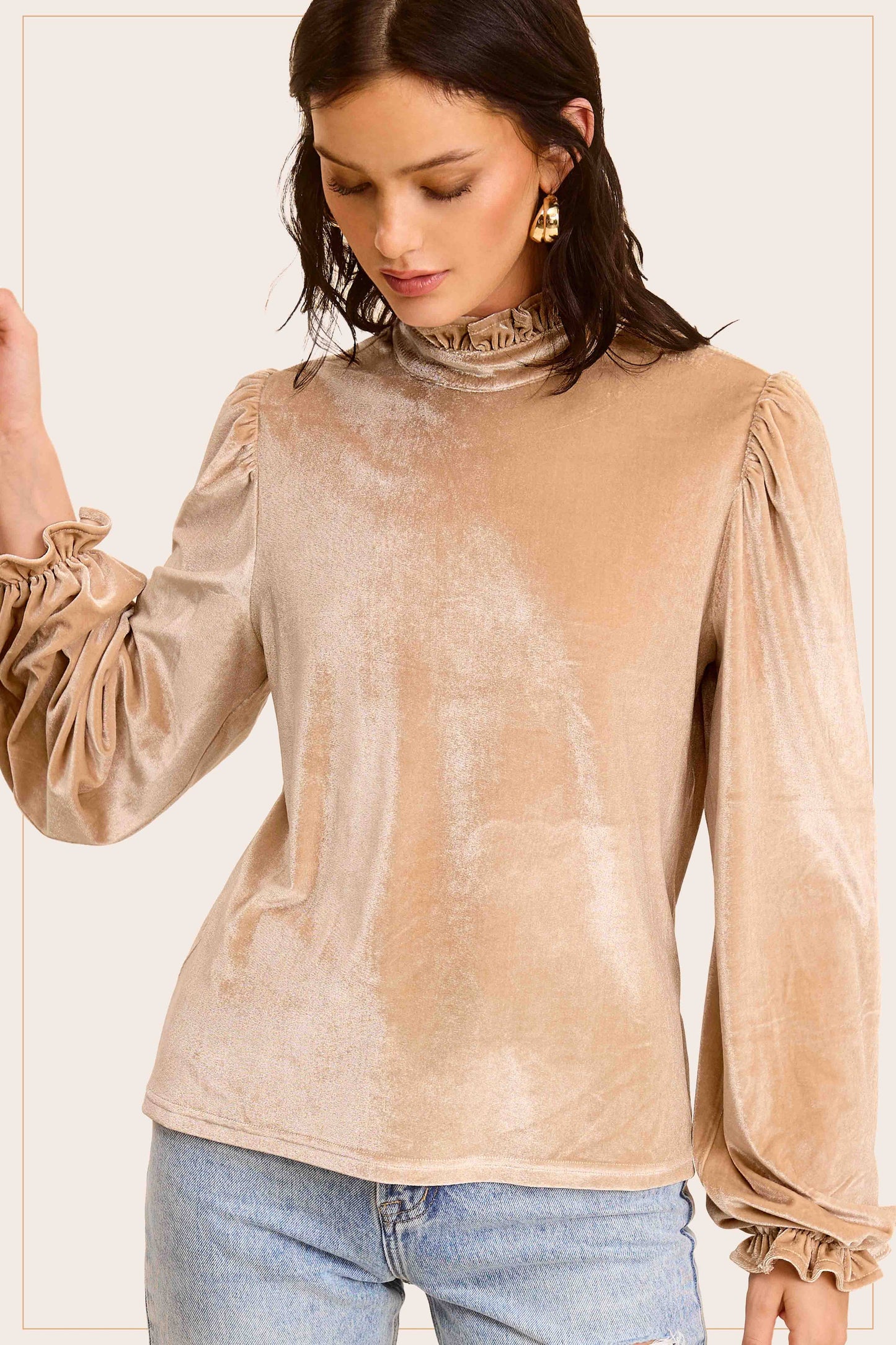 HCT7698-Soft Velvet Long Puff Sleeve Blouse Top shirt womens