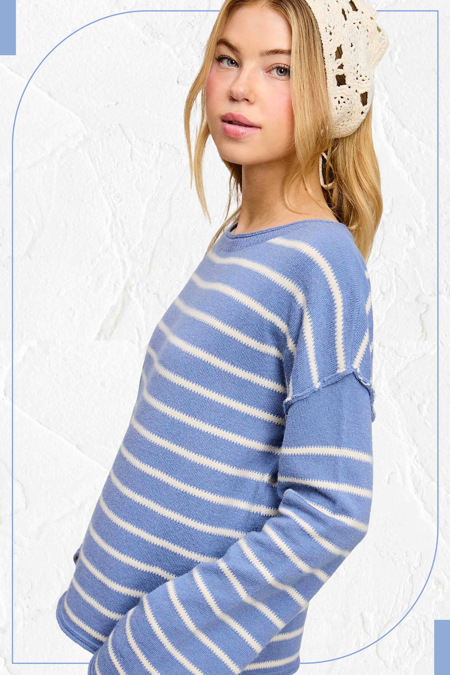 MCS3588-Striped Round Neck Loose Fit Long Sleeve Sweater