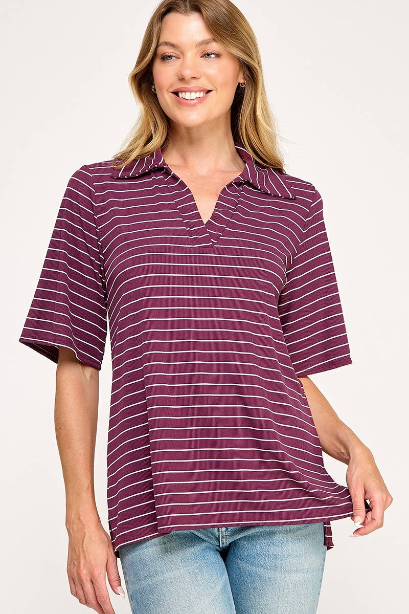 T4019 Stripe Collared Top