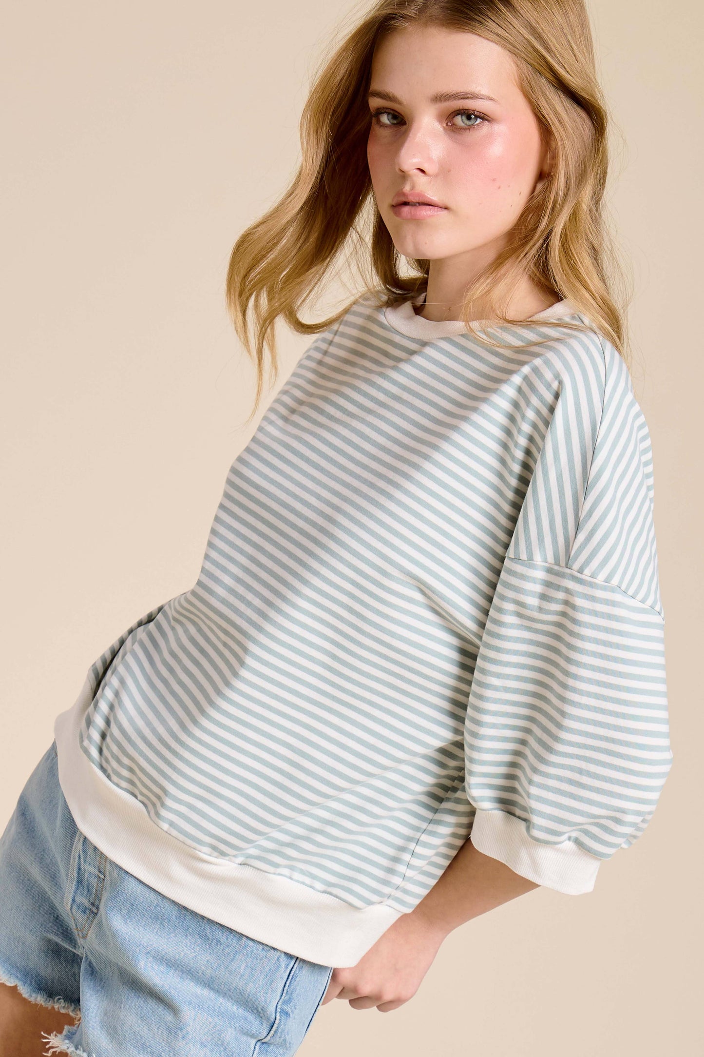 Shits Women’s Loose Fit Striped Short Sleeve Crew Neckline Top MCT7688