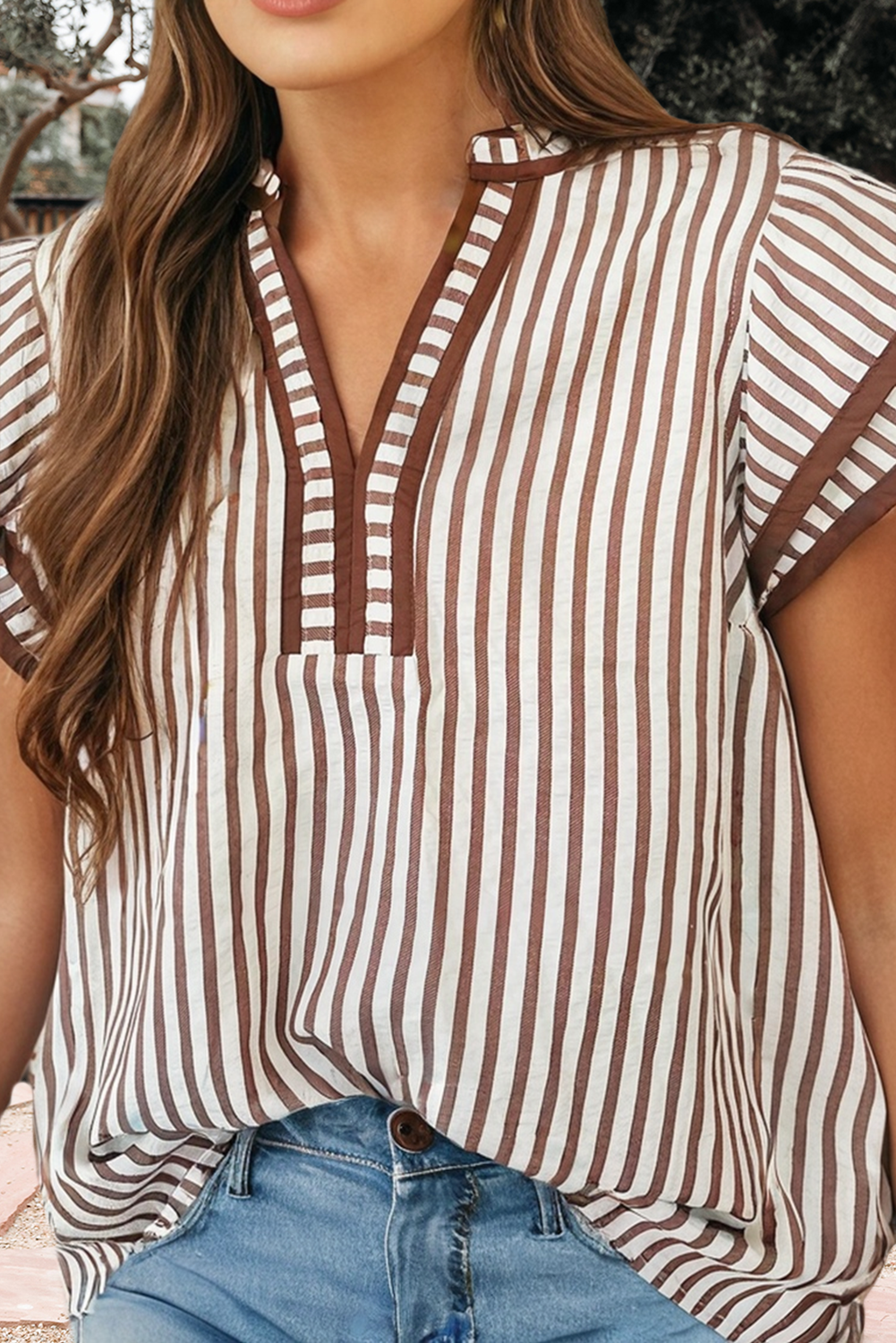 Shirts Women’s Stripe Double Ruffled Short Sleeve V Neck Blouse DLM25134769