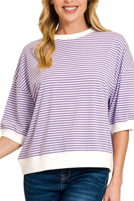 3481 Striped Contrast Trim Banded Bottom Top