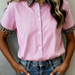 Shirts Women’s Leopard Trim Striped Button-Down Short Sleeve Shirt P-419