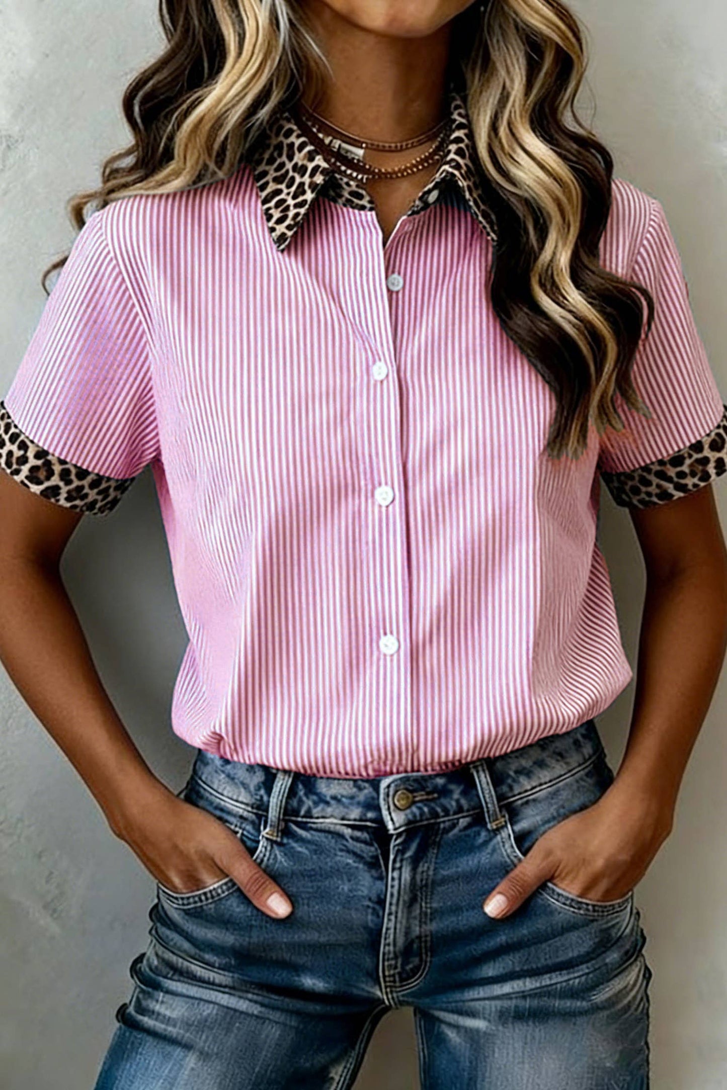 Shirts Women’s Leopard Trim Striped Button-Down Short Sleeve Shirt P-419