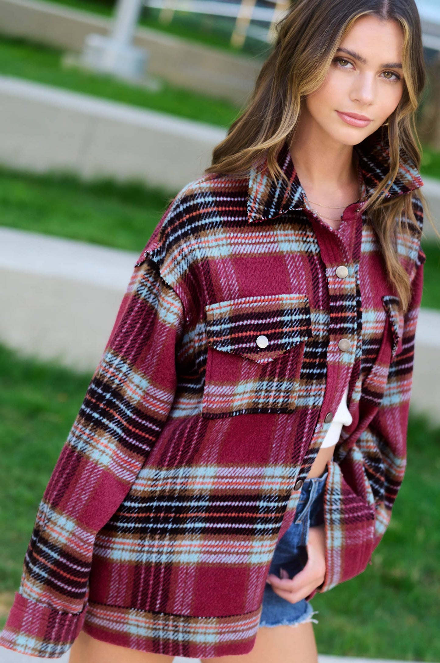 Outerwear Loose Fit Plaid Button Down Shacket with  Pockets JKT1797